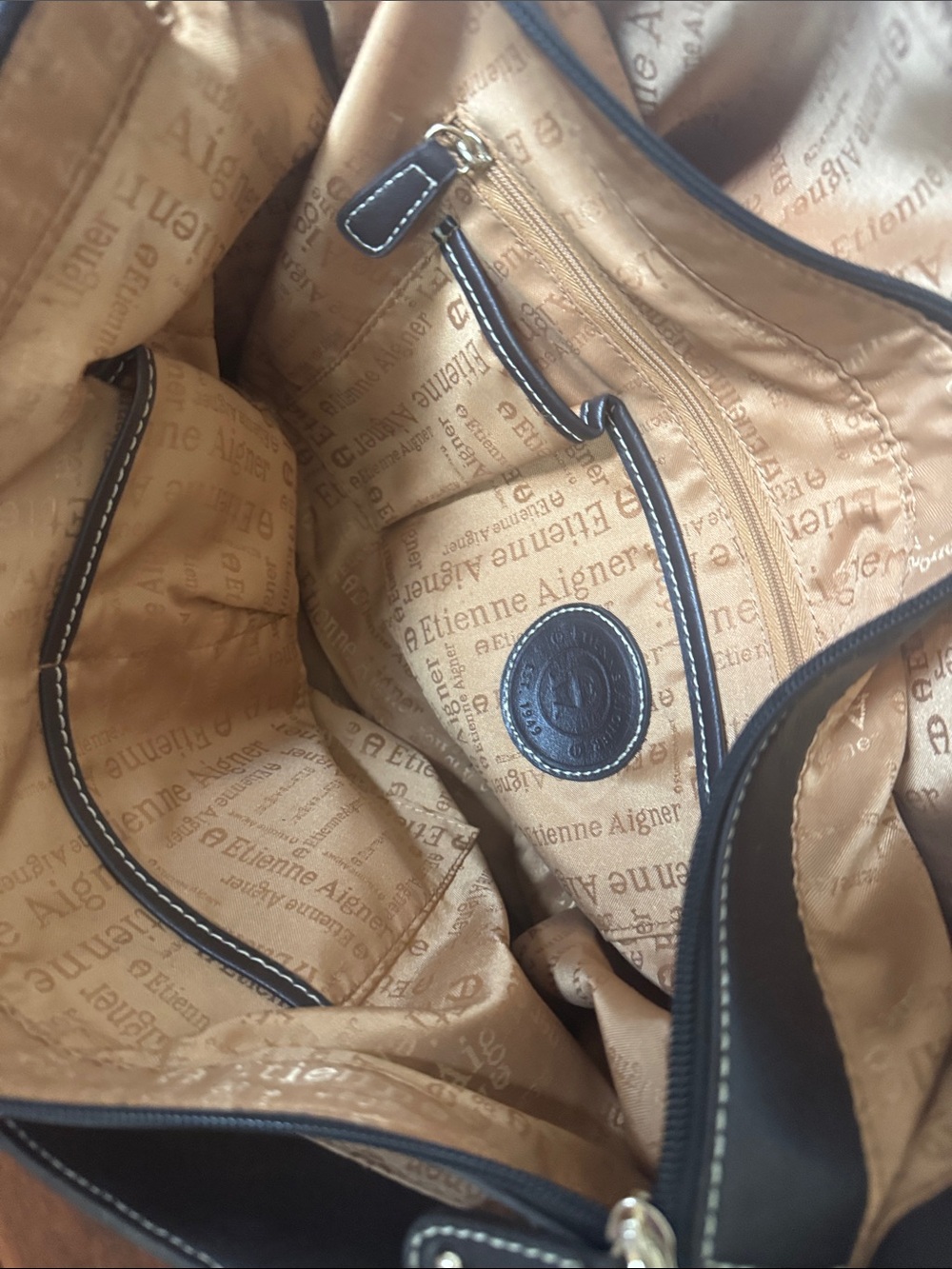 Etienne Aigner Beige Canvas Tote bag purse with Dark Brown leather Trim/gold - Picture 7 of 11